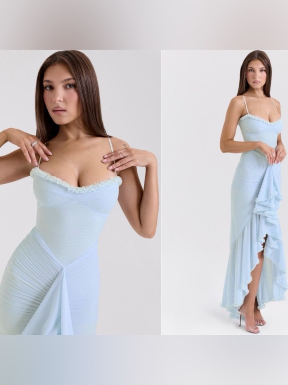 House of CB “Gabbi” Pale Blue High-Low Ruffle Trim Dress